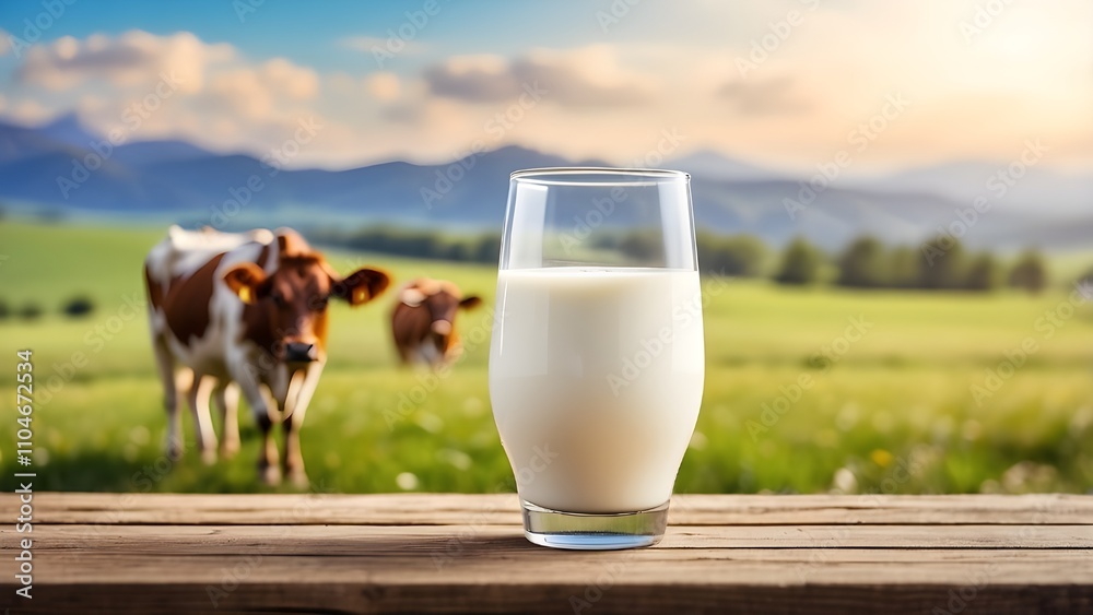 A blurred countryside with a cow in a meadow and fresh cow milk in a glass on a wooden tabletop. eating well. Room for creativity. It's International Milk Day. A blurred countryside with a cow in a meadow and fresh cow milk in a glass on a wooden tabletop. eating well. Room for creativity. It's International Milk Day.