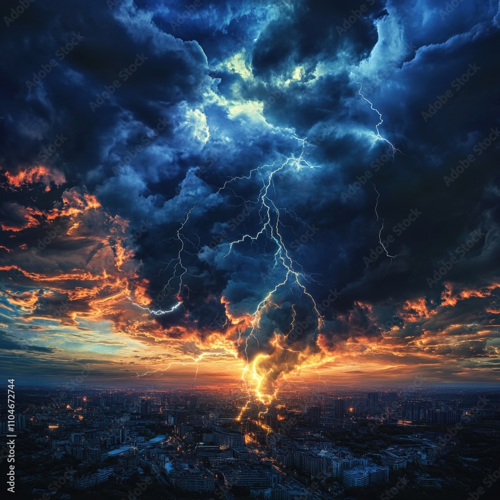 dramatic lightning storm over a city skyline at sunset dramatic lightning storm over a city skyline at sunset