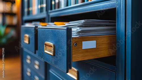A blue filing cabinet with a drawer open
