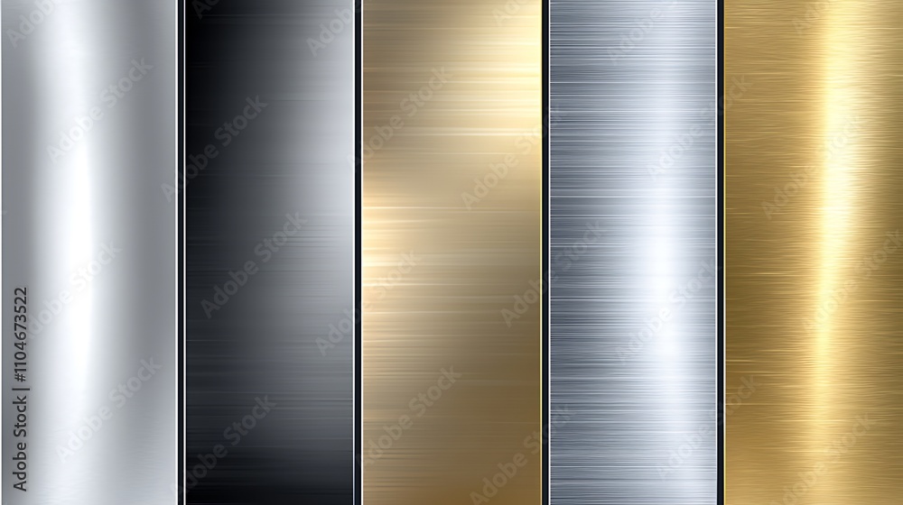 Set of five brushed metal textures in silver, black, gold, and brass. Set of five brushed metal textures in silver, black, gold, and brass.