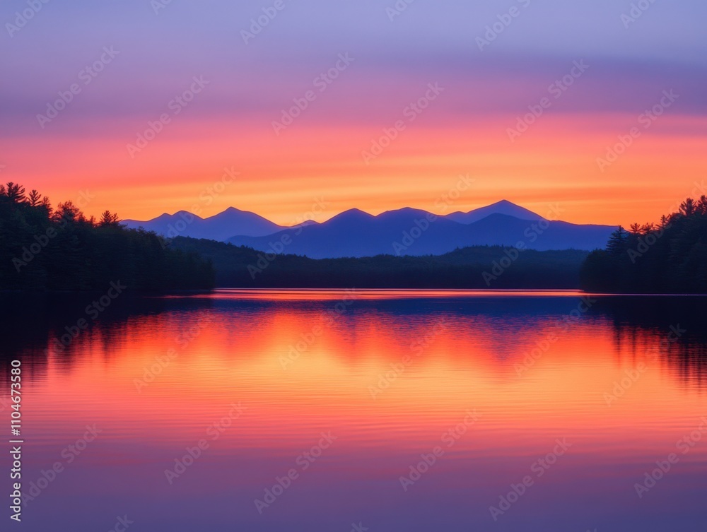 Obraz premium serene sunset over calm lake with mountain reflections
