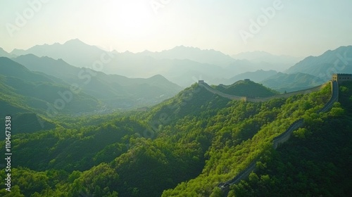 Majestic Great Wall of China winding through lush green mountains under a hazy sunlit sky.