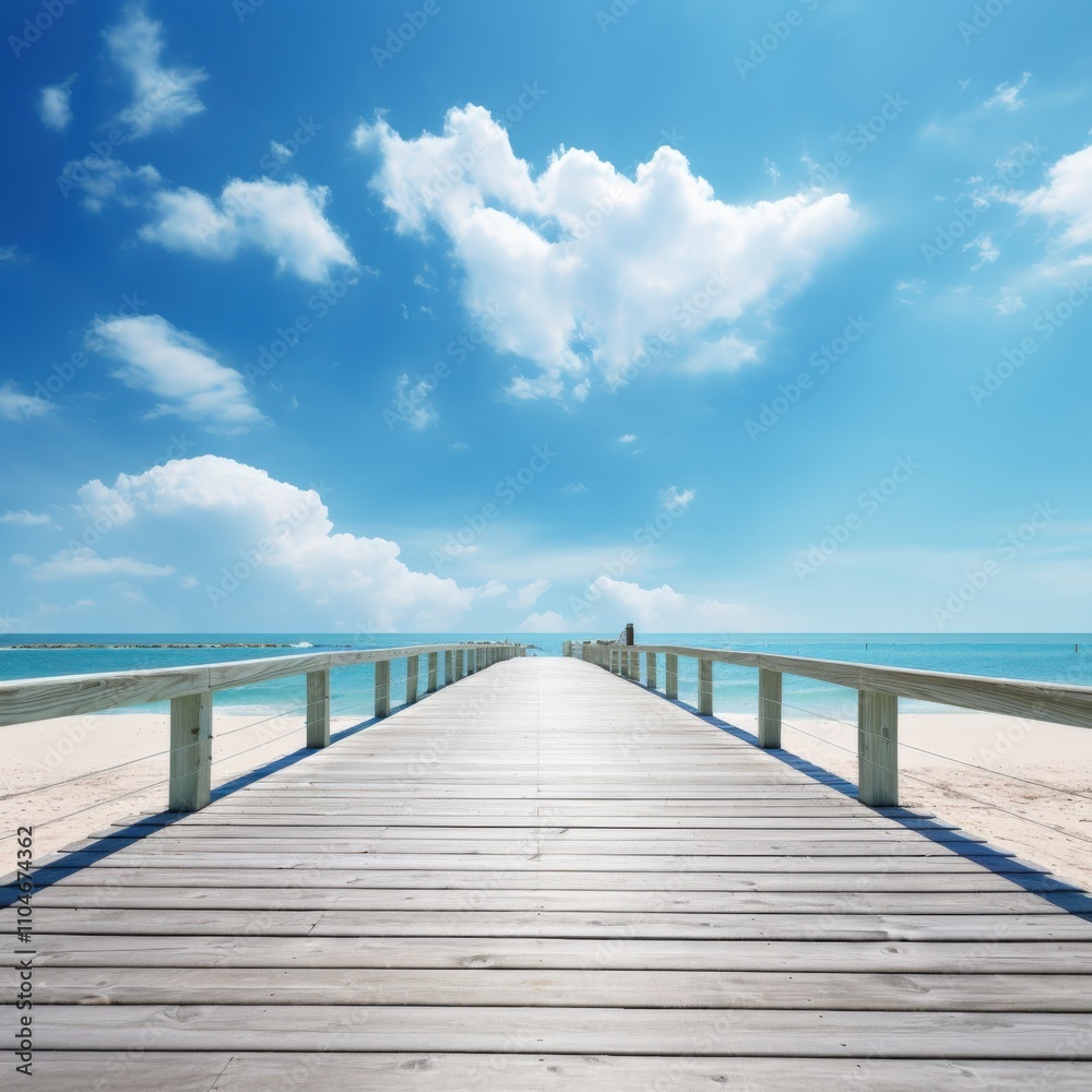 a serene wooden pier extending into a tranquil blue ocean under a bright sky a serene wooden pier extending into a tranquil blue ocean under a bright sky