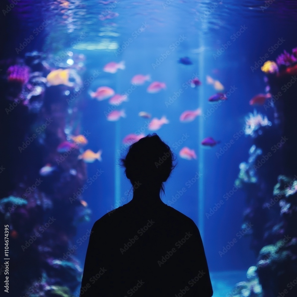 Fototapeta premium silhouette of a person observing colorful fish in an aquarium