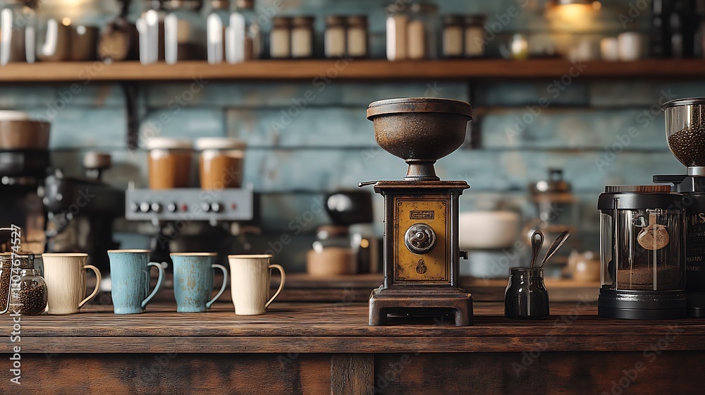 A detailed view of a rustic coffee grinder placed on a weathered wooden counter, surrounded by old glass jars, vintage ceramic mugs,