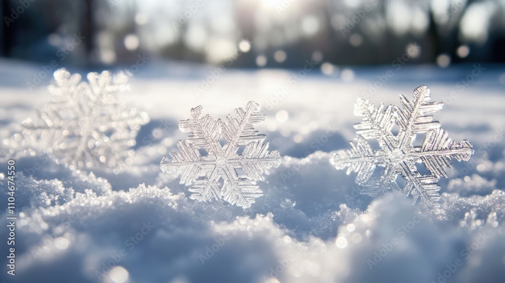 delicate snowflakes resting on fresh snow in a winter landscape delicate snowflakes resting on fresh snow in a winter landscape