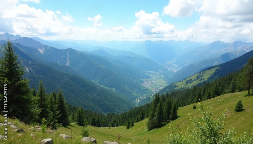 Mountainous landscape with lush green trees on a sunny day Mountainous landscape with lush green trees on a sunny day