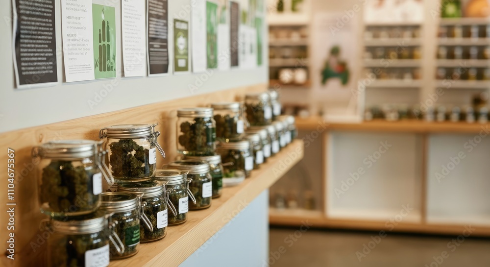 Jars of dried herbs on wooden shelf in bright, modern store with informational posters Jars of dried herbs on wooden shelf in bright, modern store with informational posters