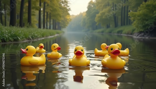 Yellow rubber ducks floating in a pond lined with trees photo