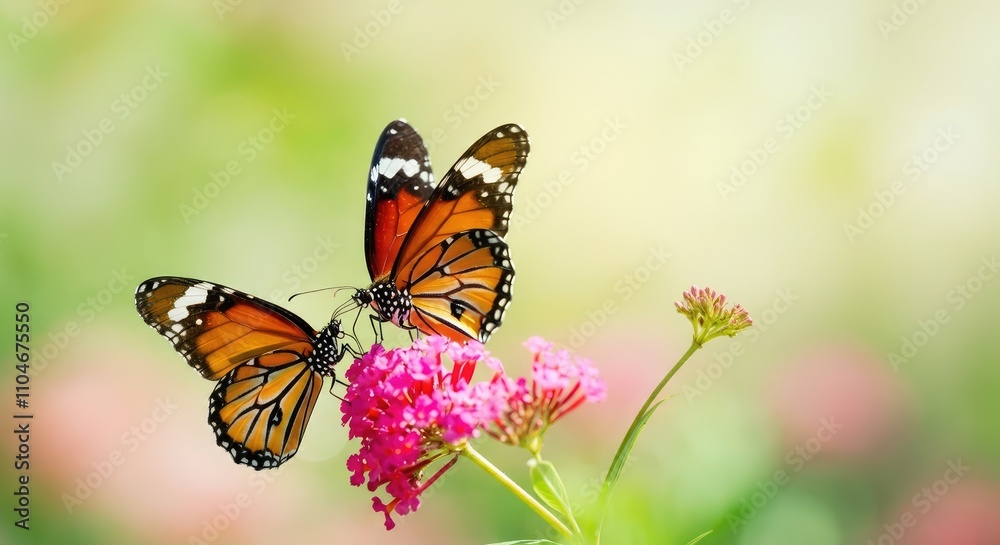 Two monarch butterflies on vibrant pink flowers in garden setting Two monarch butterflies on vibrant pink flowers in garden setting
