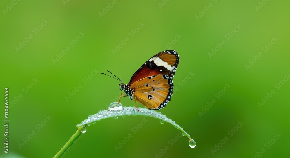 Fototapeta premium Orange and black butterfly perched on wet leaf with blurred green background