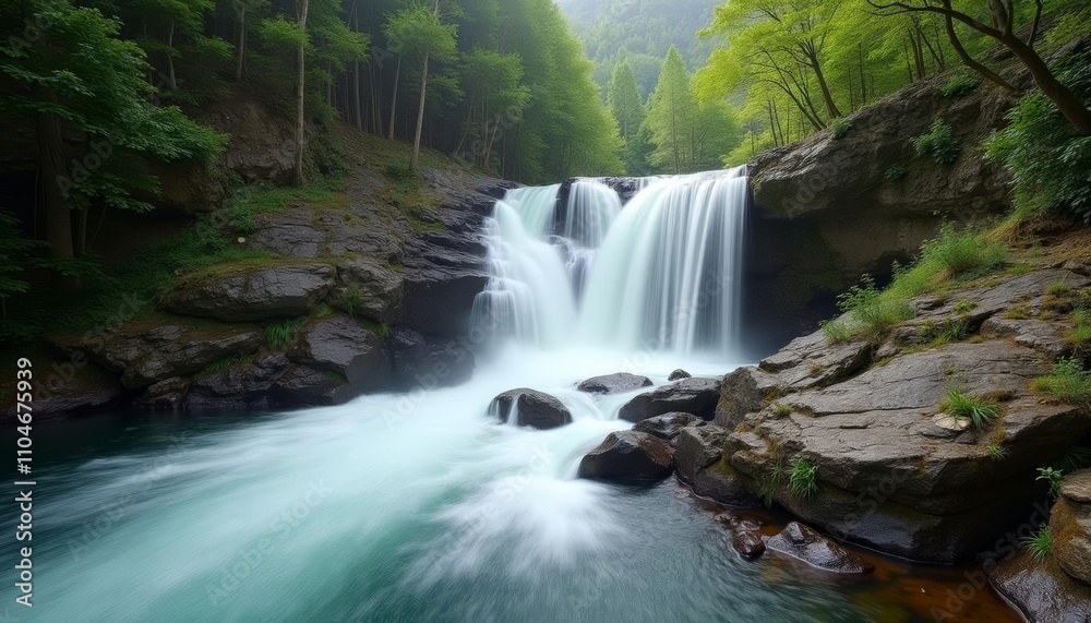 A serene mountain waterfall surrounded by lush green trees and rocks A serene mountain waterfall surrounded by lush green trees and rocks