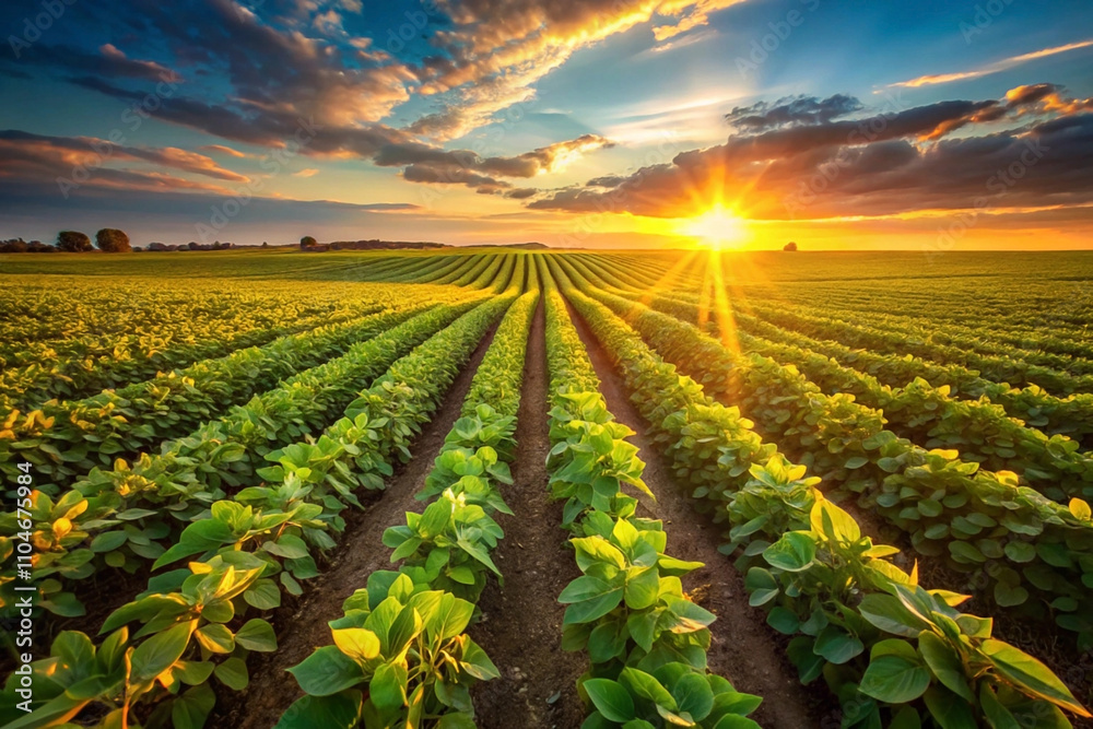 Vibrant sunset over rows of healthy green crops in a vast agricultural field. Vibrant sunset over rows of healthy green crops in a vast agricultural field.