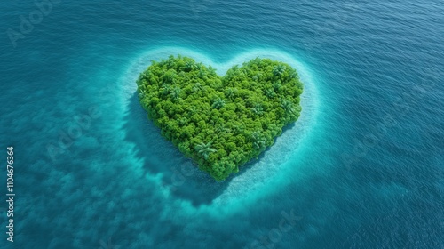 A heart made of trees is floating in the ocean. Concept of peace and tranquility, as the heart-shaped island is surrounded by calm blue waters