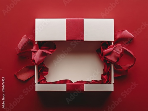 A white box with red ribbon is open and empty
