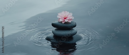 serene stacked stones with a delicate flower on water surface photo