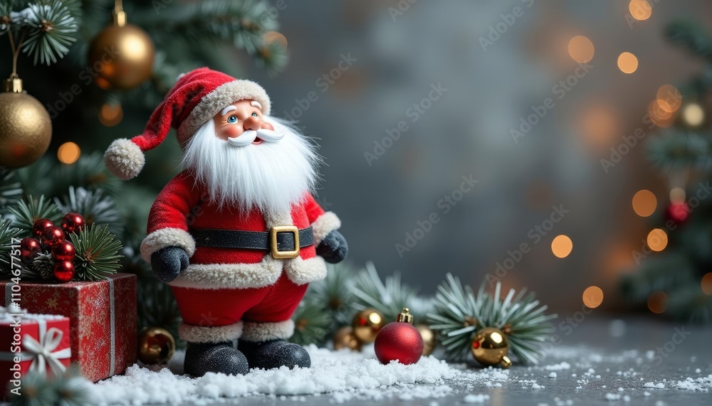 Obraz premium Santa figurine standing in front of Christmas tree with presents
