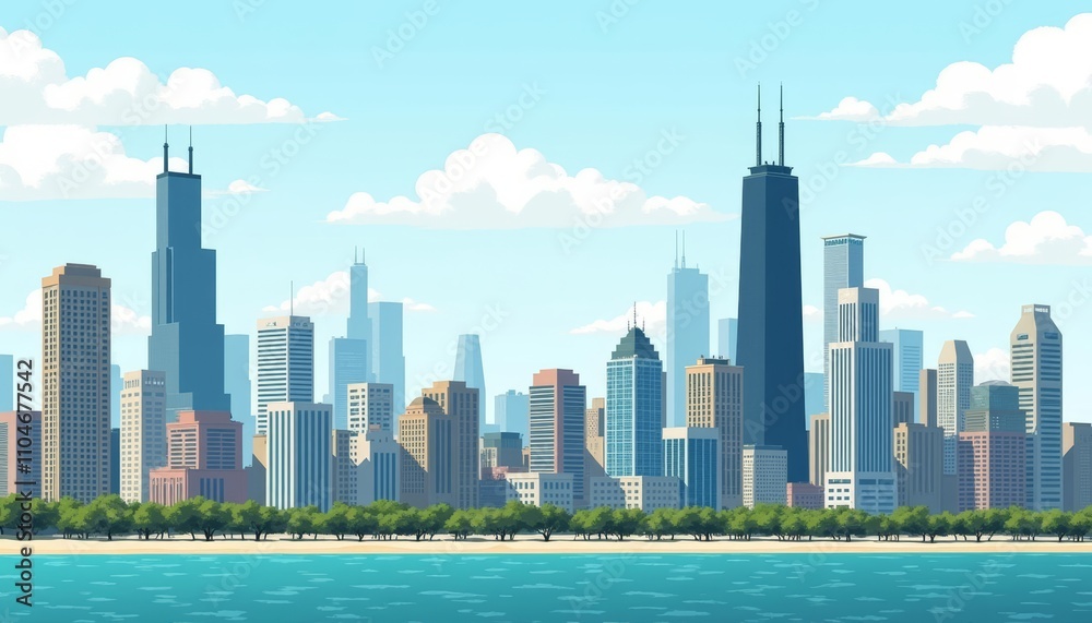 Obraz premium Illustrated Cityscape with Skyscrapers and Blue Water
