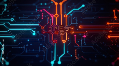 Digital Circuit Board with Colorful Connections and Data Flow