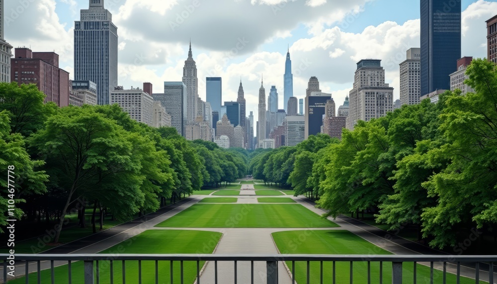 Obraz premium City skyline with lush green park in foreground
