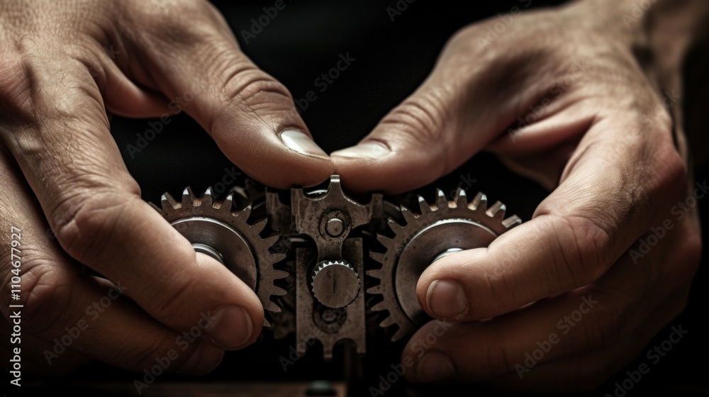 hands assembling mechanical gears in a workshop hands assembling mechanical gears in a workshop