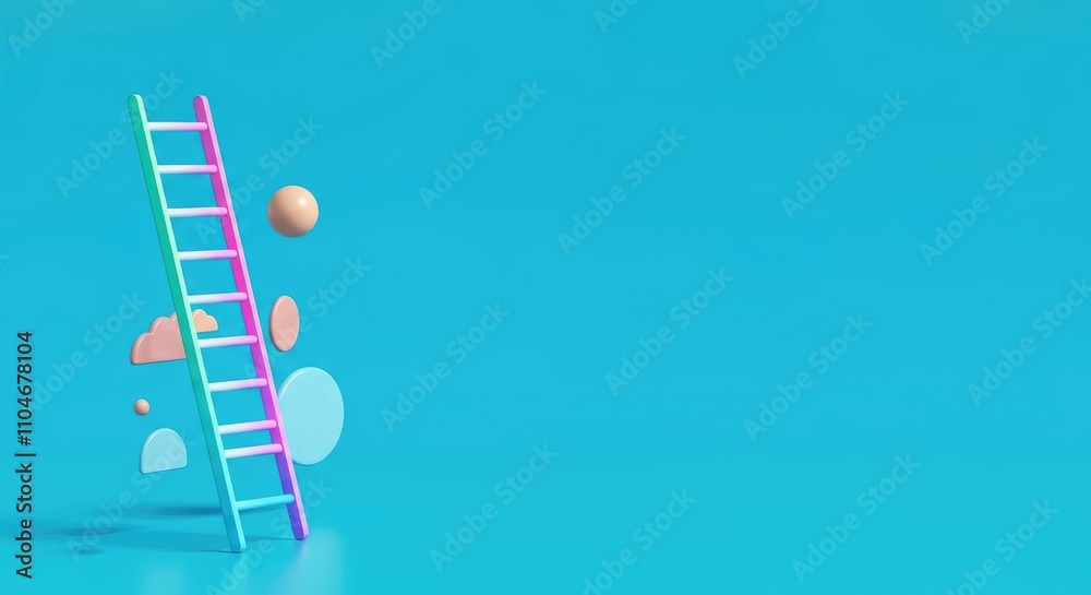 Obraz premium Surreal floating colorful ladder with shapes on blue background