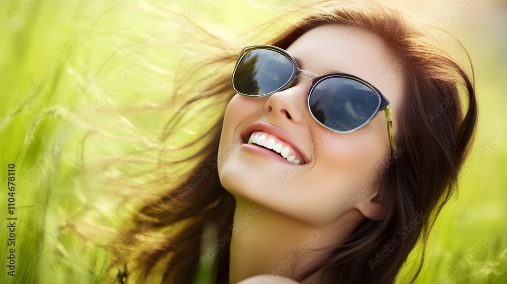portrait of a beautiful smiling brunette young natural woman wearing sunglasses portrait of a beautiful smiling brunette young natural woman wearing sunglasses