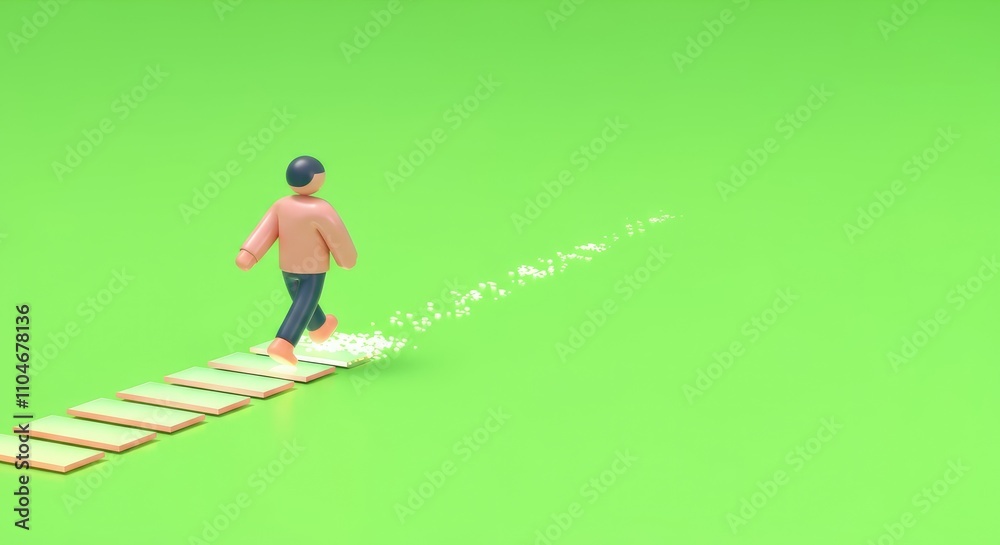 3D figure walks on path made of platforms over bright green background 3D figure walks on path made of platforms over bright green background