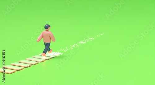 3D figure walks on path made of platforms over bright green background