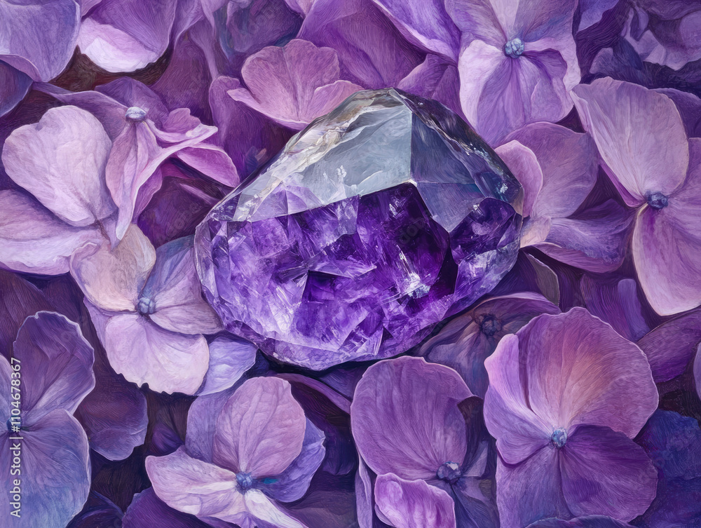 Amethyst nestled in a bed of purple petals, vibrant contrast between colors. Amethyst nestled in a bed of purple petals, vibrant contrast between colors.
