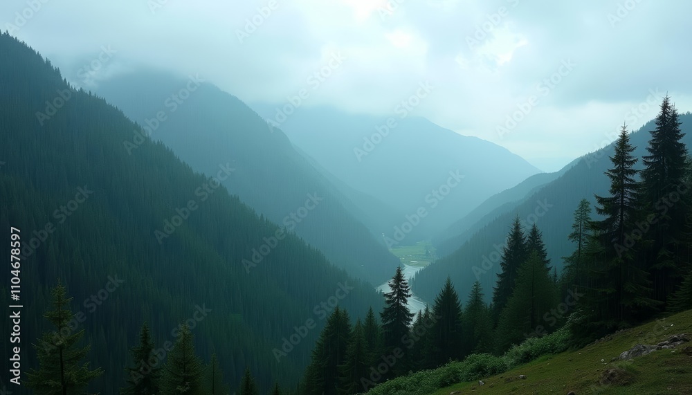 Fototapeta premium Vast mountain valley with river below