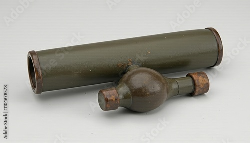 Green rusted metal tube with cap on white surface photo