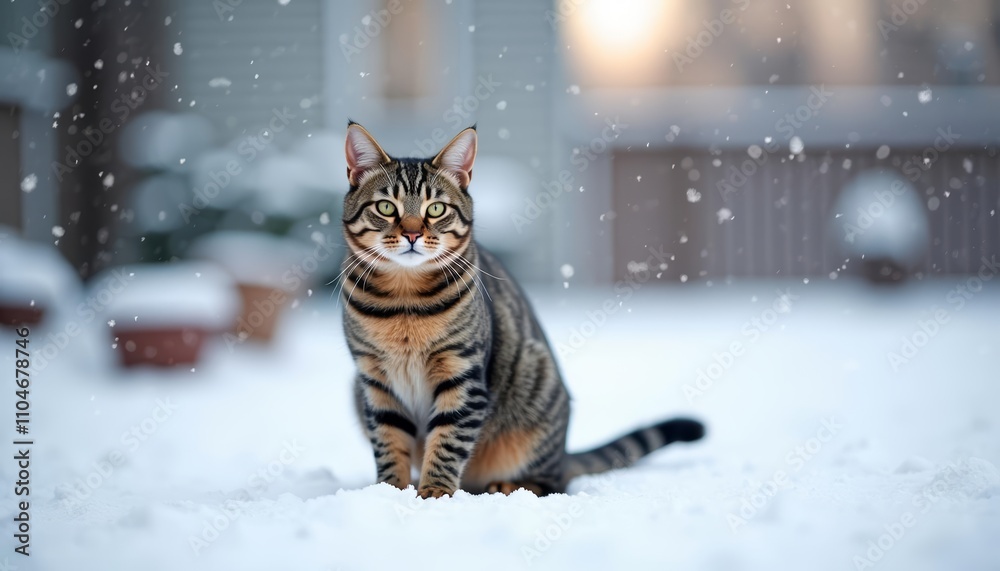 Cat in snowy yard, looking at camera Cat in snowy yard, looking at camera