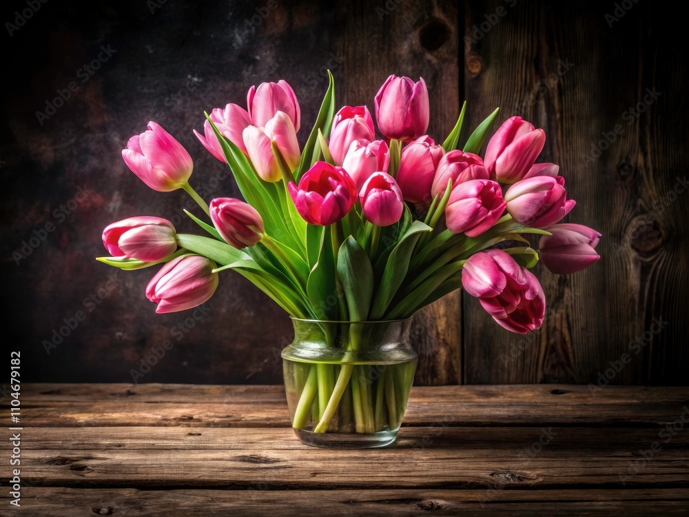 Fototapeta premium Stunning Spring Pink Tulips Bouquet on Rustic Wooden Table with Black Background - Perfect for Text Overlay and Floral Decoration