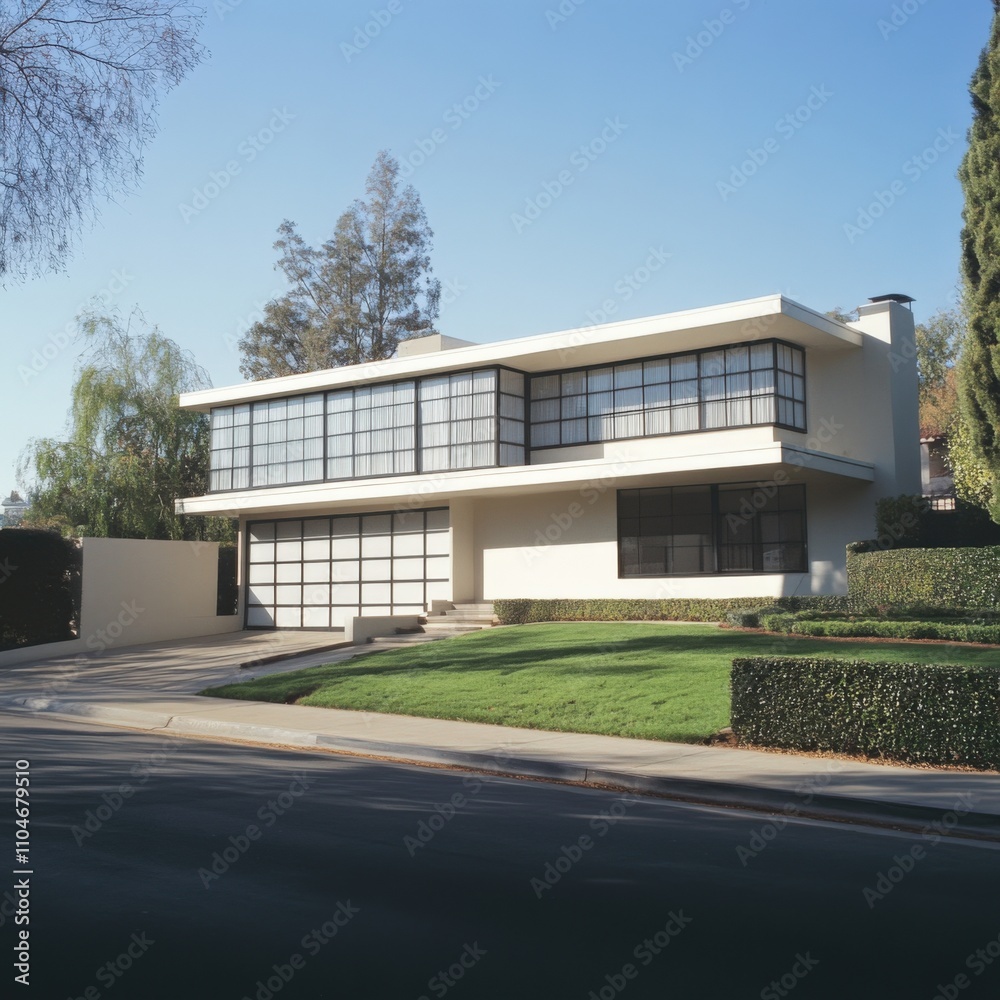 modern architectural design of a suburban house with large windows and landscaped yard modern architectural design of a suburban house with large windows and landscaped yard