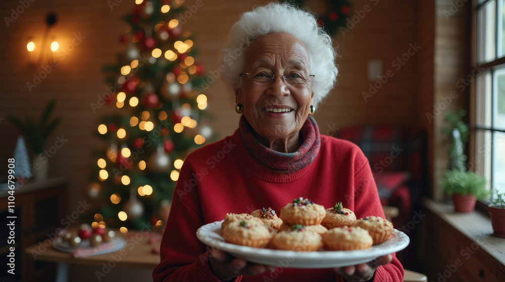 A Touch of Christmas Magic: Elderly Black Lady Embracing the Spirit of the Holidays by Offering a Plate of Festive Sweets and Delicious Holiday Cookies with Love.
A Touch of Christmas Magic: Elderly Black Lady Embracing the Spirit of the Holidays by Offering a Plate of Festive Sweets and Delicious Holiday Cookies with Love.