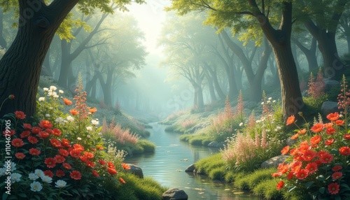 A serene path flanked by vibrant flowers and trees, leading through a dreamlike forest photo