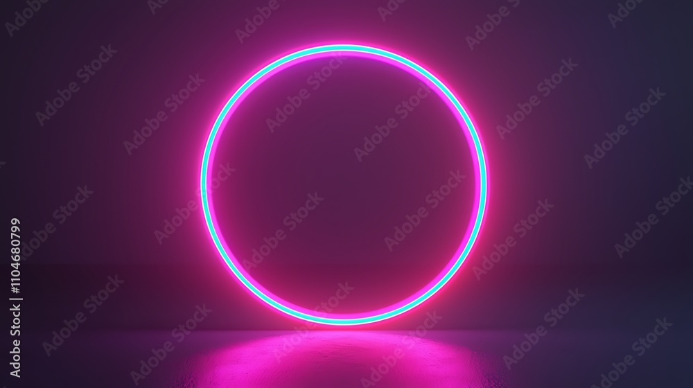 Glowing pink and blue neon circle with reflection on a dark background. Glowing pink and blue neon circle with reflection on a dark background.