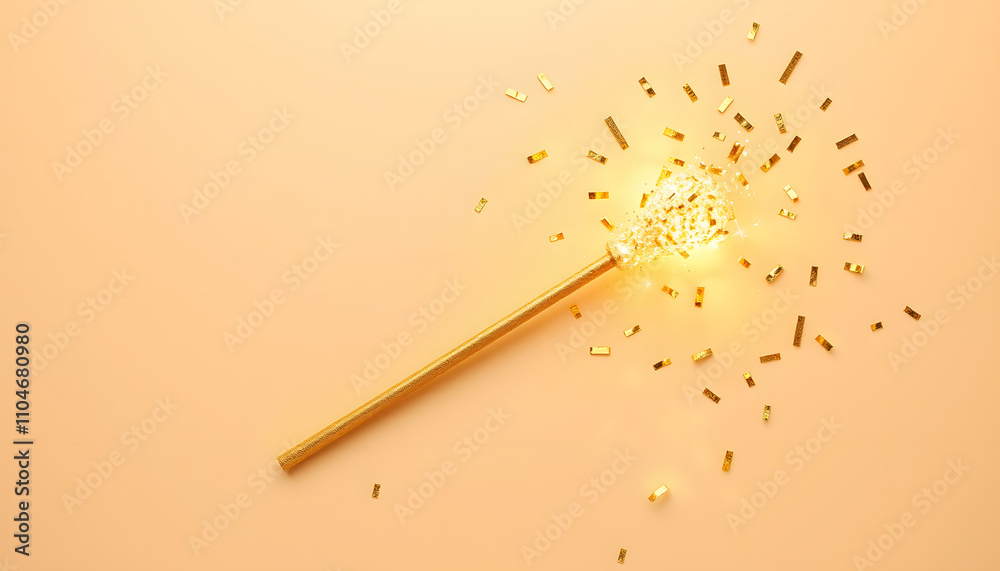 Beautiful golden magic wand and confetti on beige background, flat lay isolated with white highlights, png Beautiful golden magic wand and confetti on beige background, flat lay isolated with white highlights, png