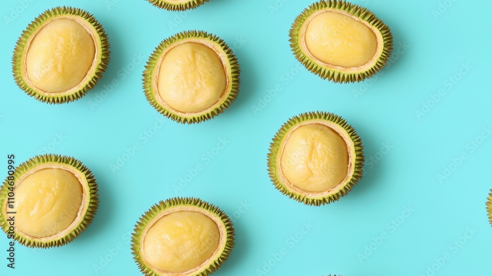 Fresh Tropical Durian Fruit Halves on Vibrant Blue Background Fresh Tropical Durian Fruit Halves on Vibrant Blue Background