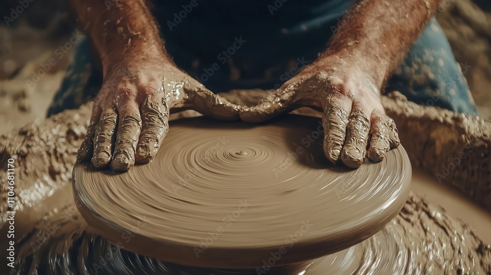 Potter shaping clay on a spinning wheel, emphasizing handmade artistry Potter shaping clay on a spinning wheel, emphasizing handmade artistry