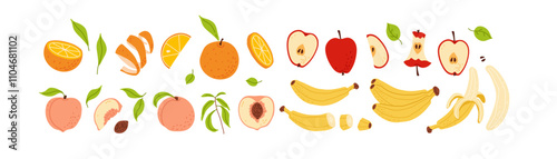 Variety of colorful fruits arranged in a row on a white background, showcasing their freshness