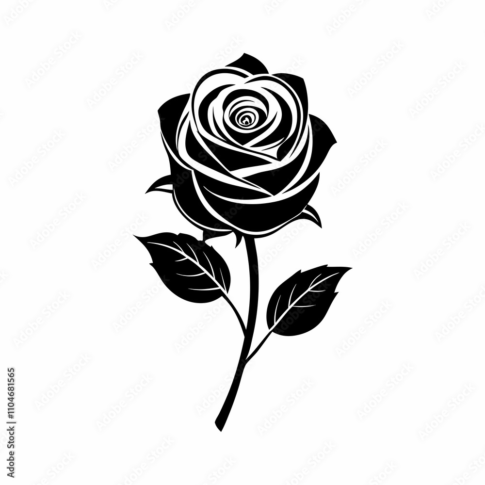 A black and white rose with leaves on a stem A black and white rose with leaves on a stem