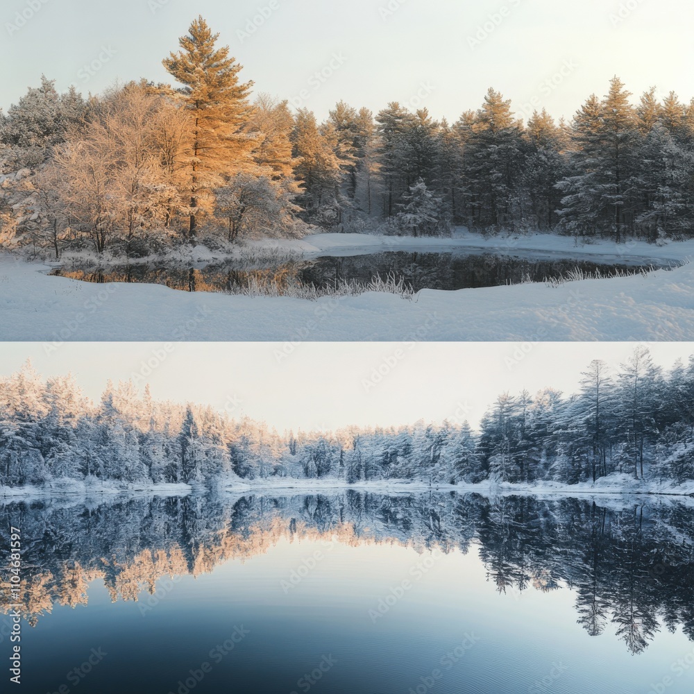 serene winter landscape with snow-covered trees and a reflective pond serene winter landscape with snow-covered trees and a reflective pond
