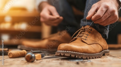 Traditional shoemaker stitching leather, tools of the trade in the background