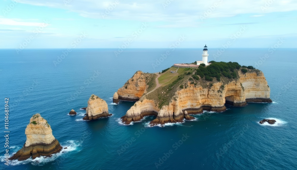 Lighthouse on rocky island in middle of ocean Lighthouse on rocky island in middle of ocean