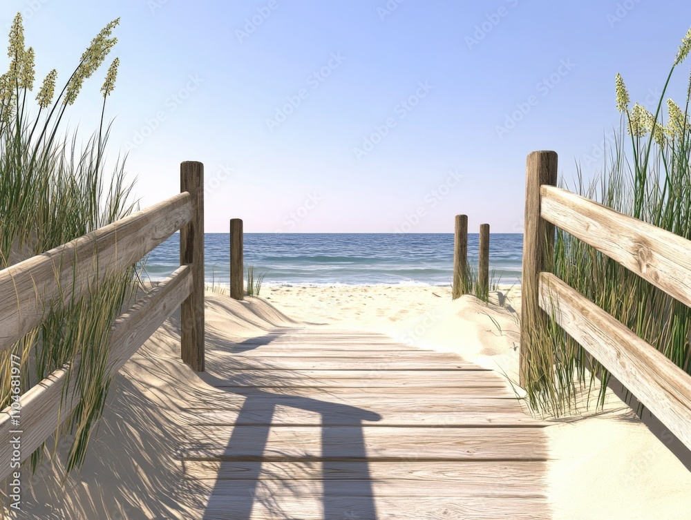wooden walkway leading to a serene beach with gentle waves and tall grass wooden walkway leading to a serene beach with gentle waves and tall grass