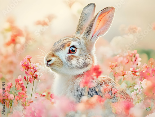 A rabbit amidst vibrant pink flowers, capturing the beauty of nature. photo