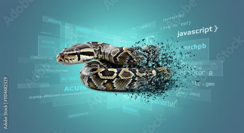 Digital python breaking apart with code snippets in background photo
