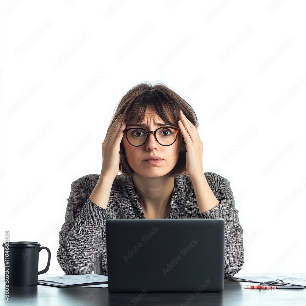 stressed woman working on laptop with coffee cup and papers stressed woman working on laptop with coffee cup and papers